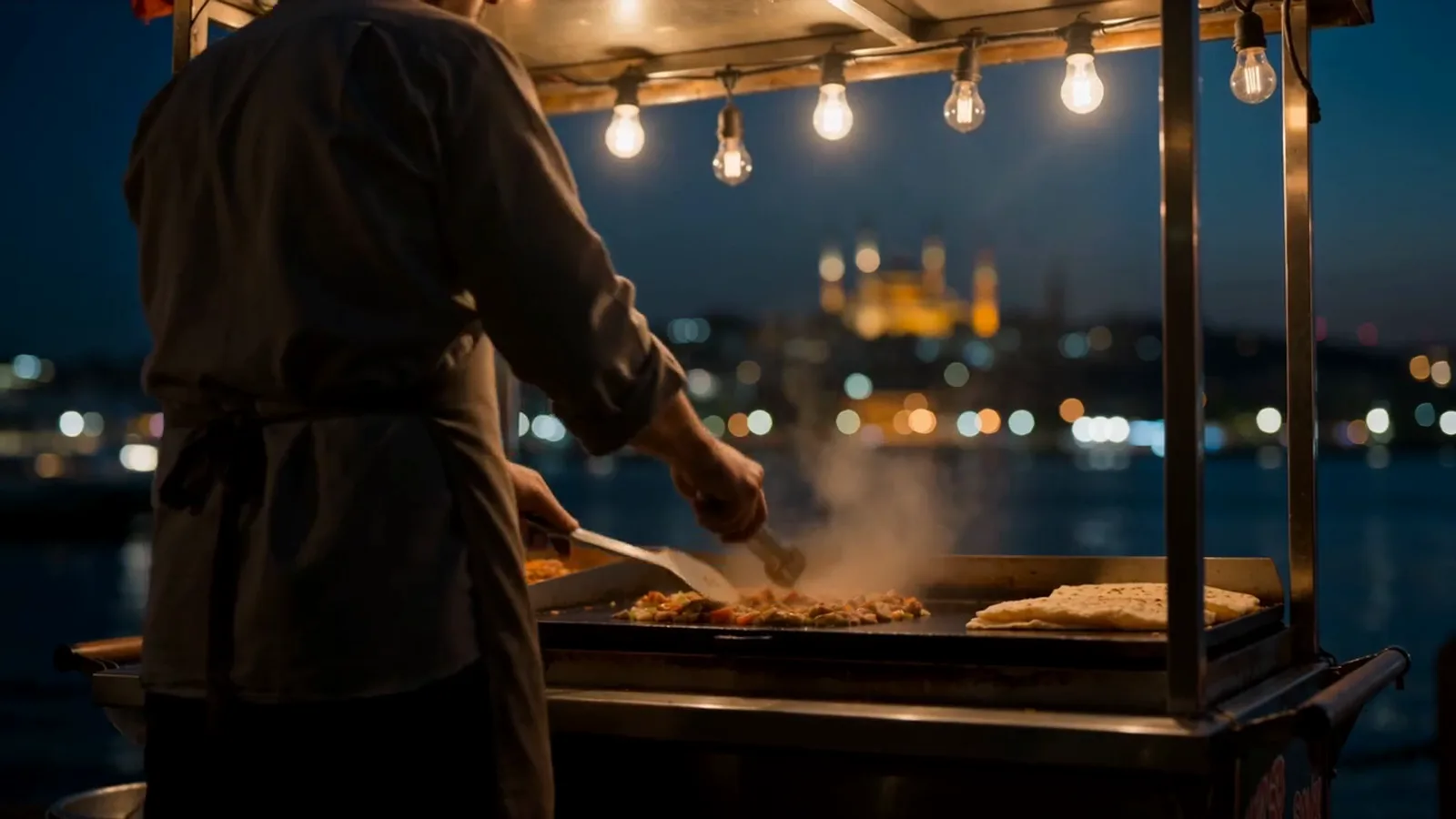 Karaköy rıhtımında ışıklı gece arabası, duman tüterken, arkada cami silueti