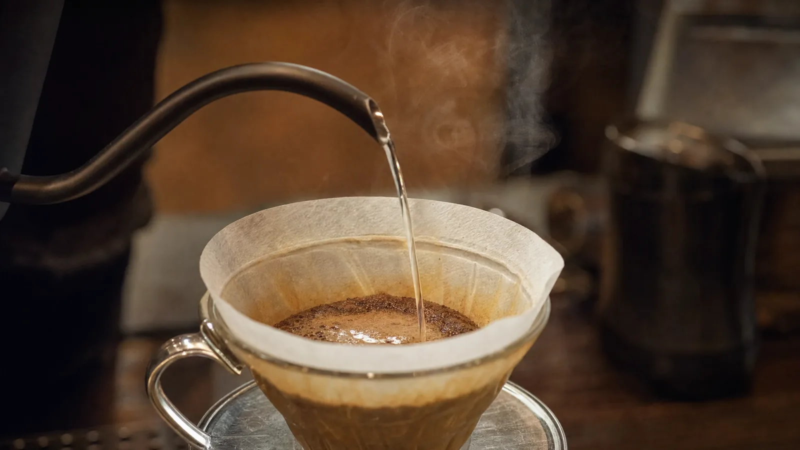 V60 üzerine ince bir akışla dökülen sıcak su