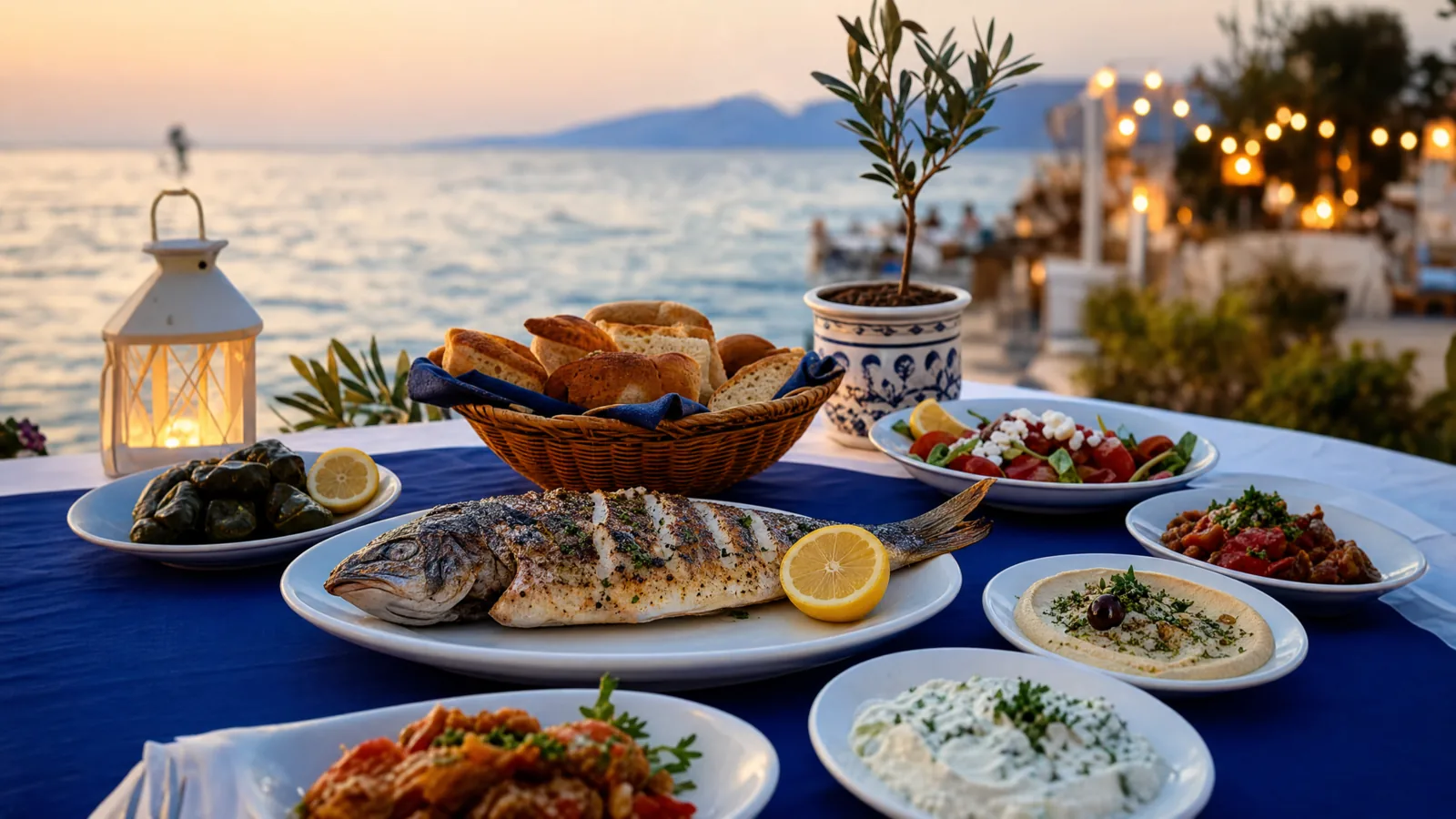 Gün batımında kurulmuş deniz kenarı sofrası