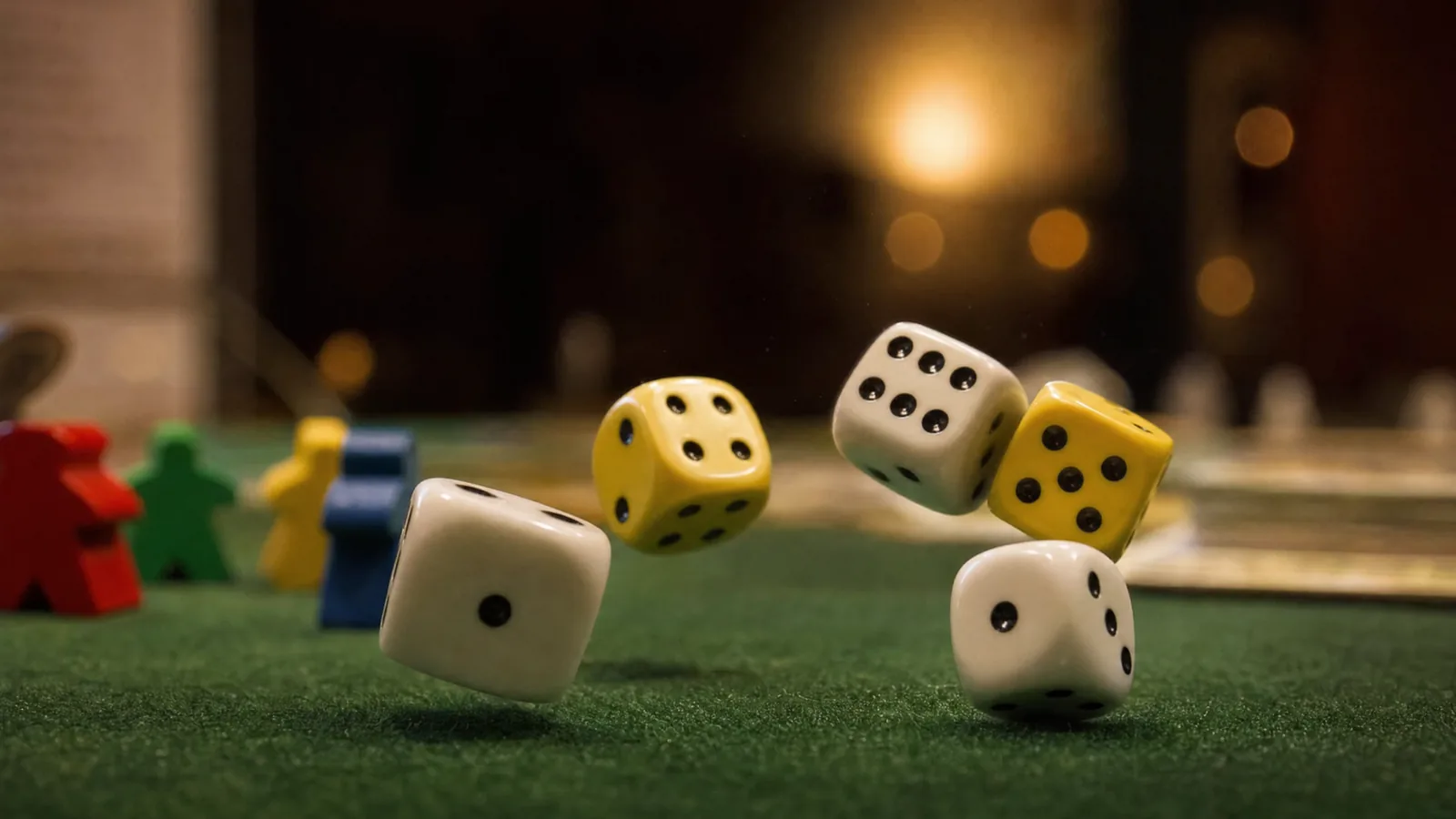 Havada dönen renkli zarlar ve ahşap meepleler, yeşil kumaş oyun masasının üzerinde