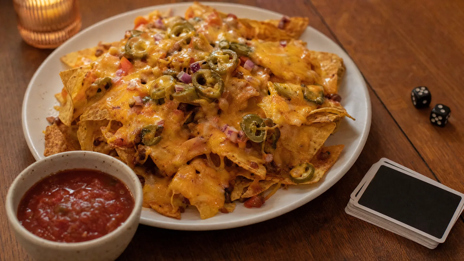 Kaşarlı nachos tabağı, salsa ve masada zarlarla